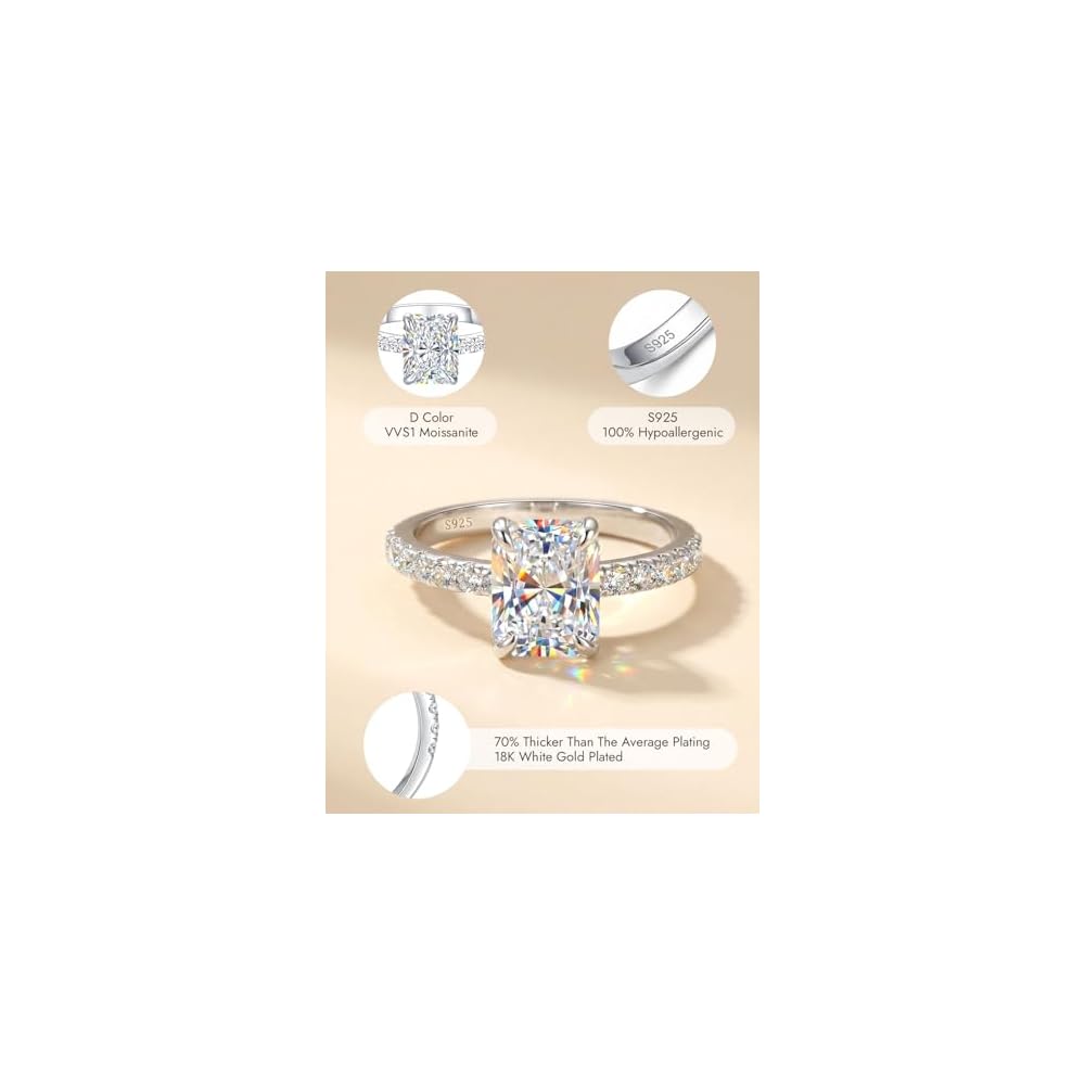 2CT Radiant Cut Moissanite Engagement Rings for Women, Lab-Grown Diamond