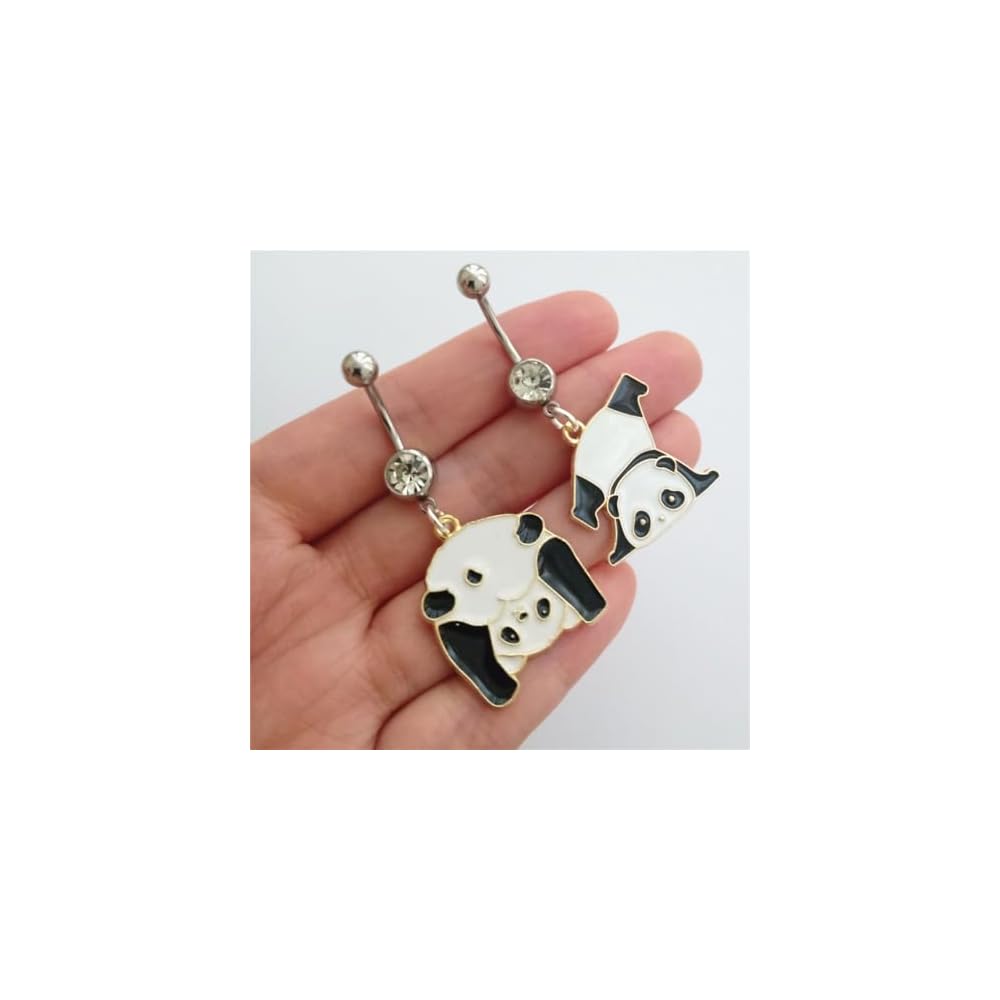 2pcs Cute Panda Enamel Pendant Dangle Belly Button Rings, Fun