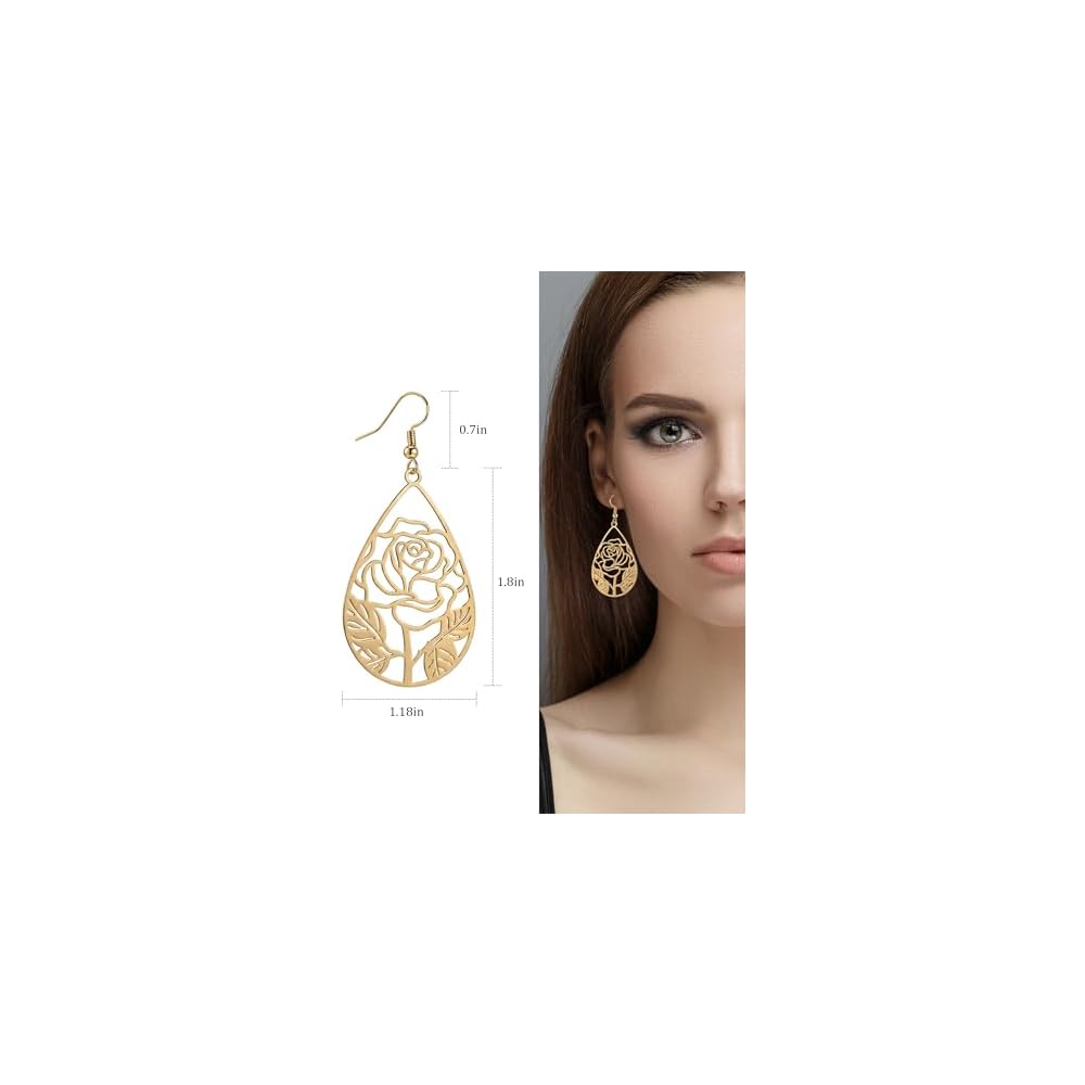 14K Gold Plated Silver Rose Flower Filigree Teardrop Dangle Earrings Vintage Fashion Lightweight Drop Earrings for Women Trendy