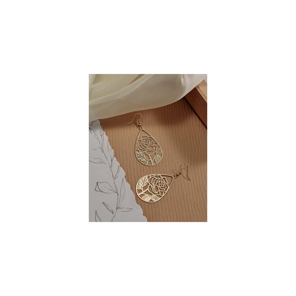 14K Gold Plated Silver Rose Flower Filigree Teardrop Dangle Earrings Vintage Fashion Lightweight Drop Earrings for Women Trendy