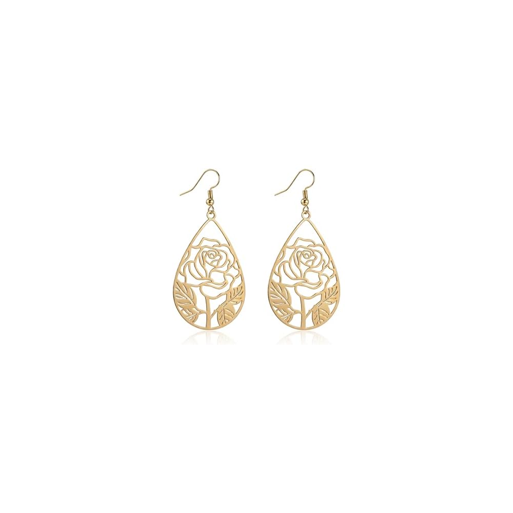 14K Gold Plated Silver Rose Flower Filigree Teardrop Dangle Earrings Vintage Fashion Lightweight Drop Earrings for Women Trendy