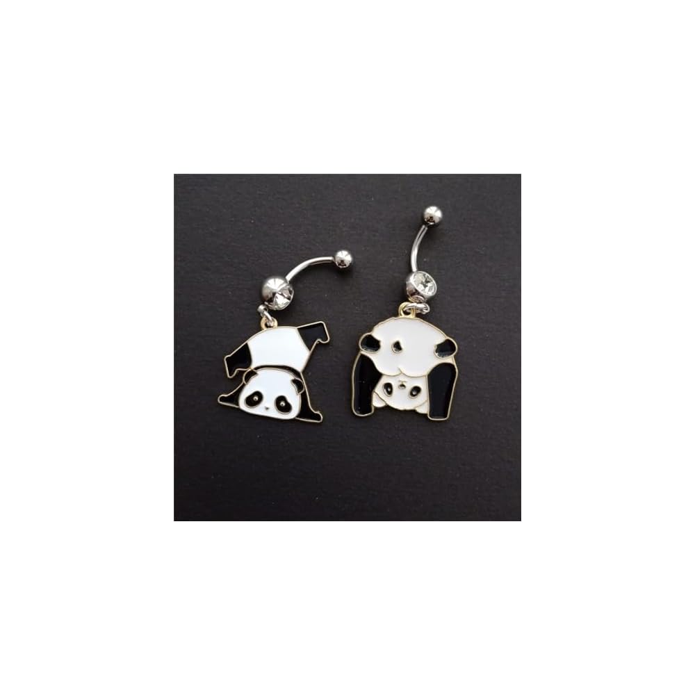2pcs Cute Panda Enamel Pendant Dangle Belly Button Rings, Fun